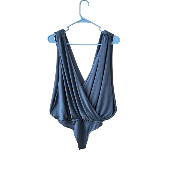 Intimately Free People Night Owl Bodysuit Size LG Blue Metal Feminine Plunging - Picture 10 of 12